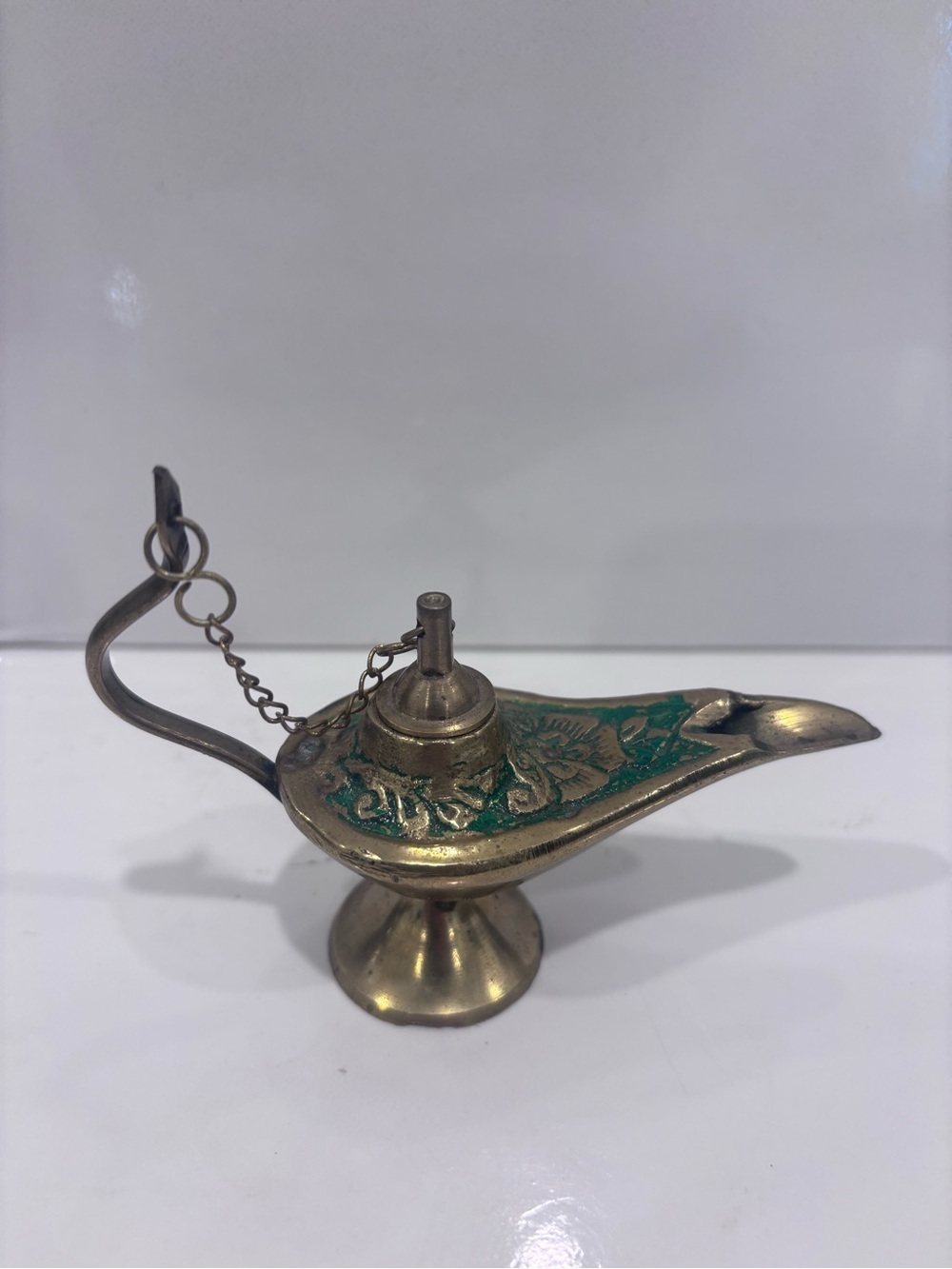 Vintage Brass Aladdin Genie Oil Lamp Green Enamel Miniature Magic Lamp Decor